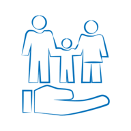 Das Bild zeigt eine stilisierte Darstellung einer Familie, die von einer Hand gestützt wird.