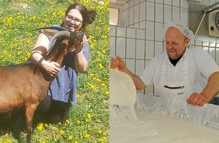Auf dem Bild sind links eine Person, die eine Ziege umarmt, und rechts ein Mann, der in einer Käsefabrikation arbeitet.