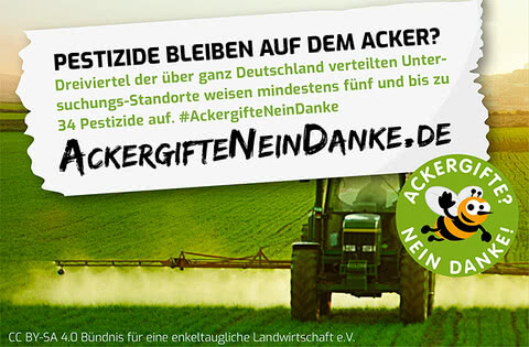 Das Bild thematisiert den Einsatz von Pestiziden in der Landwirtschaft in Deutschland und ruft dazu auf, sich gegen diese Chemikalien auszusprechen.