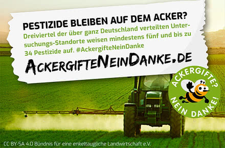 Das Bild thematisiert den Einsatz von Pestiziden in der Landwirtschaft in Deutschland und ruft dazu auf, sich gegen diese Chemikalien auszusprechen.