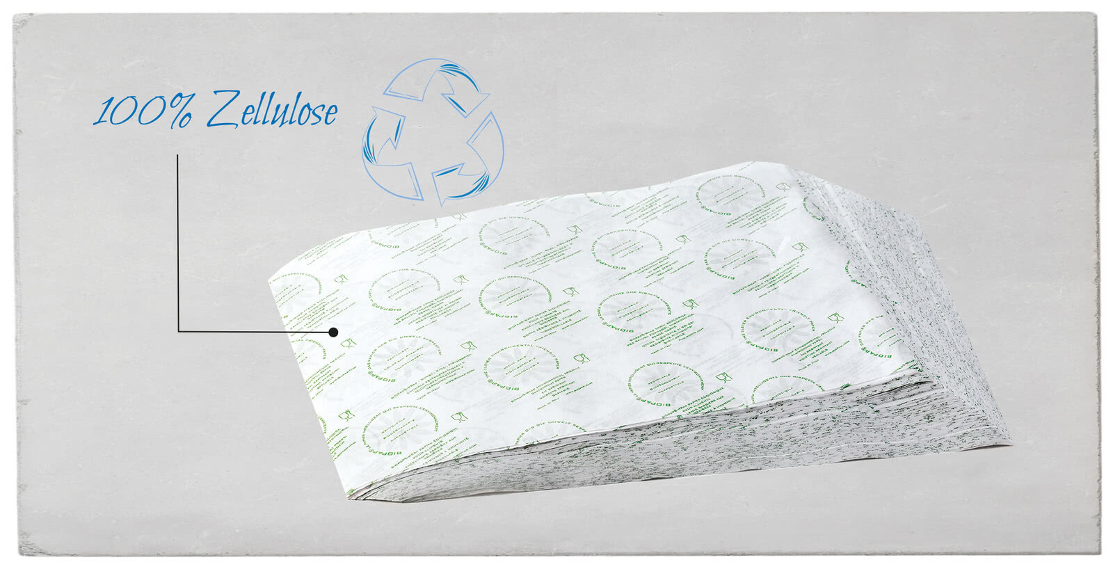 Auf dem Bild ist ein Produkt aus 100% Zellulose abgebildet, das als umweltfreundlich gekennzeichnet ist.