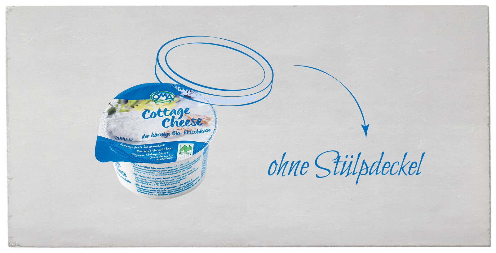 Auf dem Bild ist ein Becher Cottage Cheese ohne Stülpdeckel zu sehen.