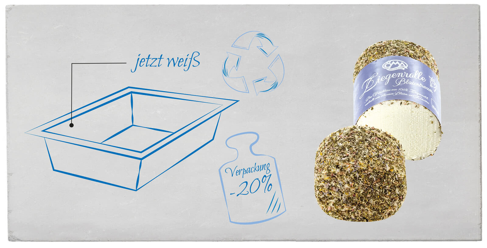 Das Bild zeigt eine Verpackung für eine Ziegenrolle aus 100% natürlichen Zutaten, die jetzt um 20% leichter ist und recyclebar.