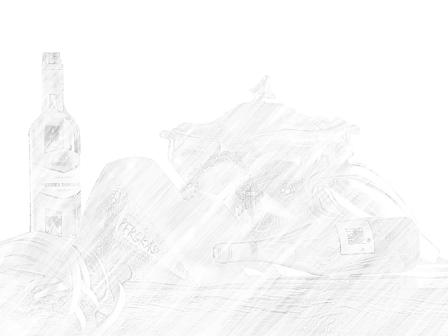 Auf dem Bild sind verschiedene Flaschen, darunter Wein, sowie einige dekorative Gegenstände zu sehen.