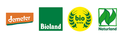 Auf dem Bild sind verschiedene Siegel für ökologische Landwirtschaft zu sehen, darunter die Logos von Demeter, Bioland, Biokreis und Naturland.