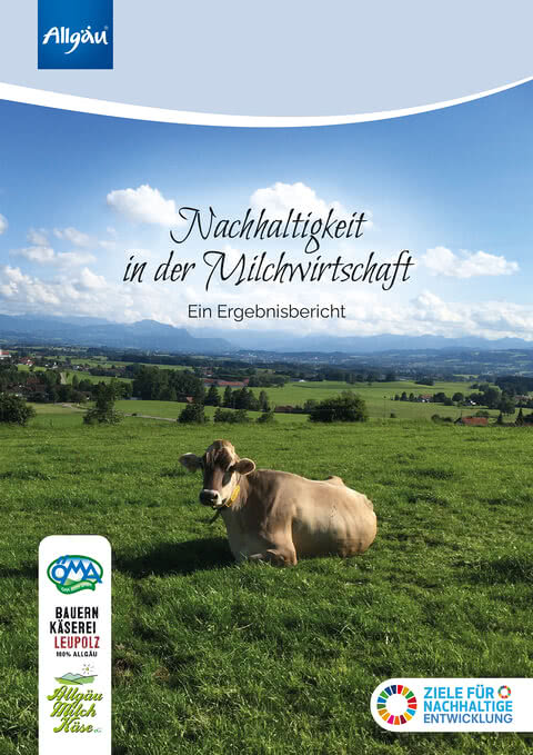 Das Bild zeigt einen Bericht über Nachhaltigkeit in der Milchwirtschaft, mit einer Kuh auf einer grünen Wiese im Allgäu.