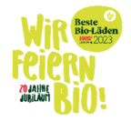 Das Bild kündigt eine Feier für biologische Produkte an, zusammen mit einer Auszeichnung der besten Bioläden im Jahr 2023.
