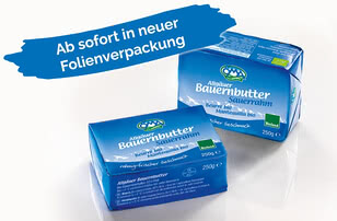 Auf dem Bild sind zwei Verpackungen von Allgäuer Bauernbutter in neuer Folienverpackung zu sehen.