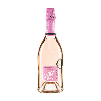 Auf dem Bild ist eine Flasche Prosecco Rosé von La Jara zu sehen.