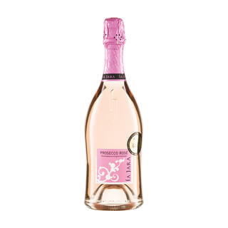 Auf dem Bild ist eine Flasche Prosecco Rosé von La Jara mit einem rosa Korken und einem Etikett zu sehen.