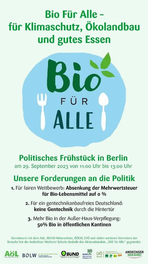 Das Bild bewirbt ein politisches Frühstück in Berlin, das am 29. September 2023 stattfindet, und präsentiert Forderungen für mehr Bio-Lebensmittel und Umweltschutz.