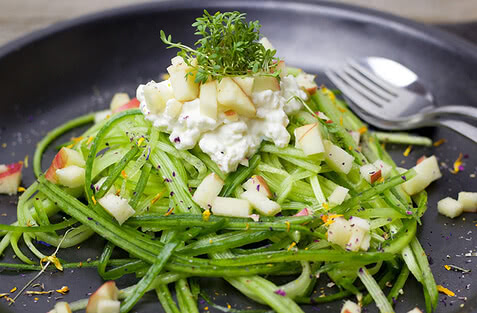 Auf dem Bild ist ein grüner Salat mit Apfelstückchen und Quark, garniert mit frischen Kräutern, zu sehen.